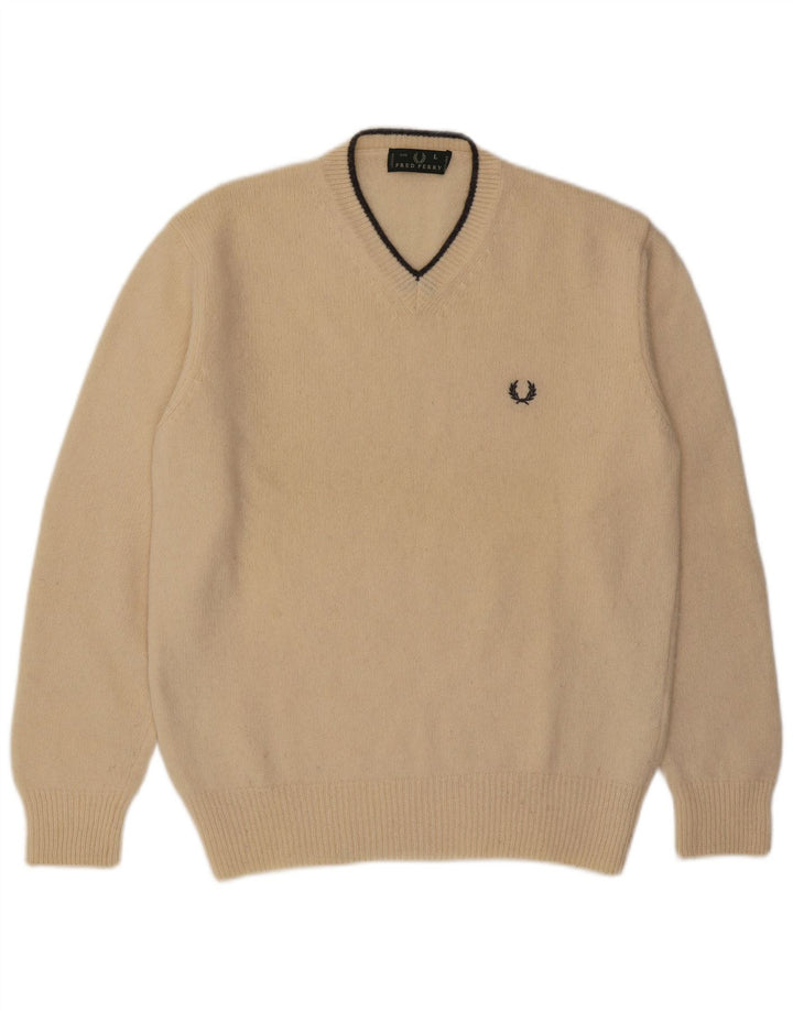 Fred Perry Pulover cu decolteu în V pentru bărbați, lână mare, bej