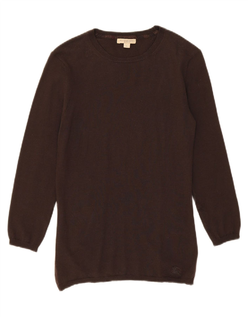 BURBERRY Womens 3/4 Sleeve Crew Neck Jumper Sweater UK 8 Small Brown Wool Vintage Burberry and Second-Hand Burberry from Messina Hembry 