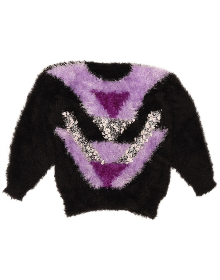 Pulover VINTAGE pentru femei cu decolteu rotund UK 14 Medium Black Colorblock