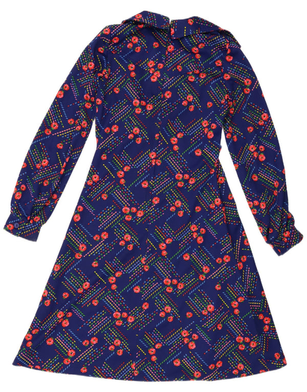 Rochie A-Line cu mânecă lungă de epocă pentru femei UK 14 Medium Blue Floral