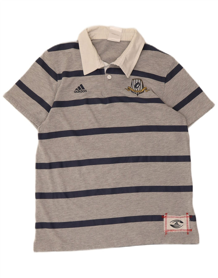 Tricou polo grafic rugby Adidas pentru bărbați, poliester cu dungi gri mediu