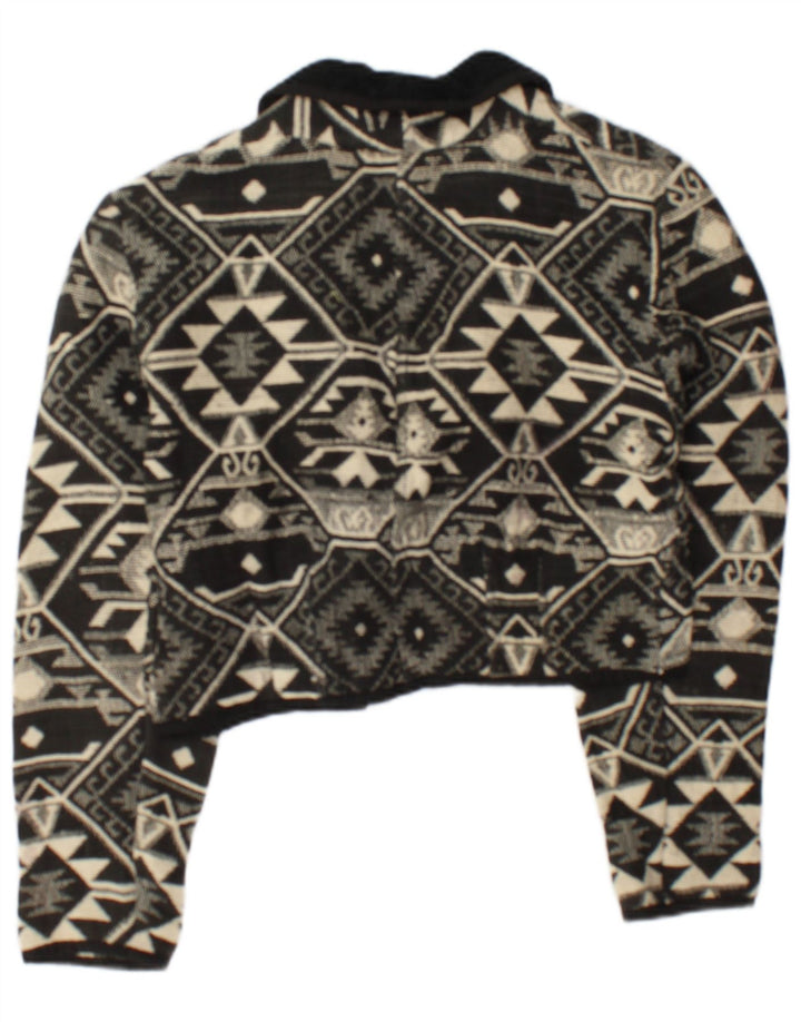 Jachetă Bomber Vintage Crop Open pentru femei UK 14 Medium Negru Geometric Bumbac