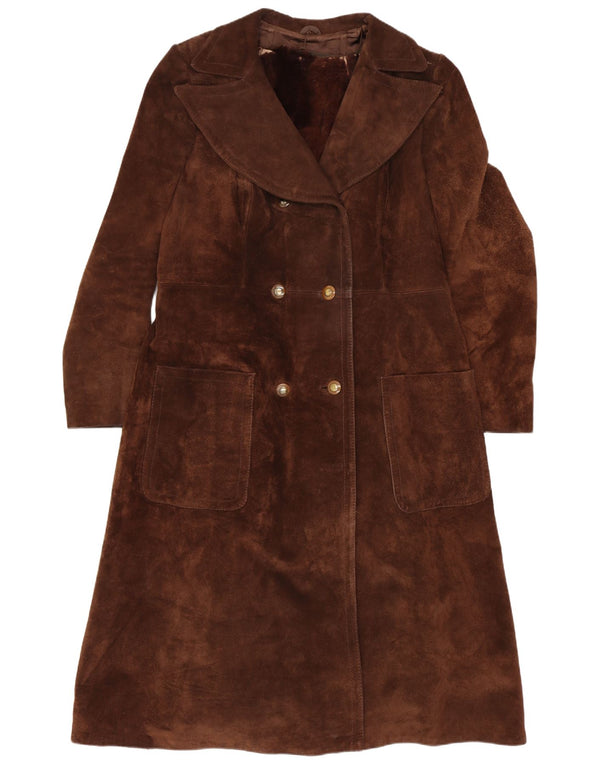 Palton dublu din piele intoarsa vintage pentru femei UK 10 mic maro