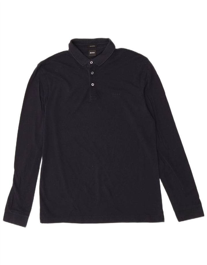 Cămașă polo pentru bărbați Hugo Boss cu mânecă lungă, bumbac mediu albastru bleumarin