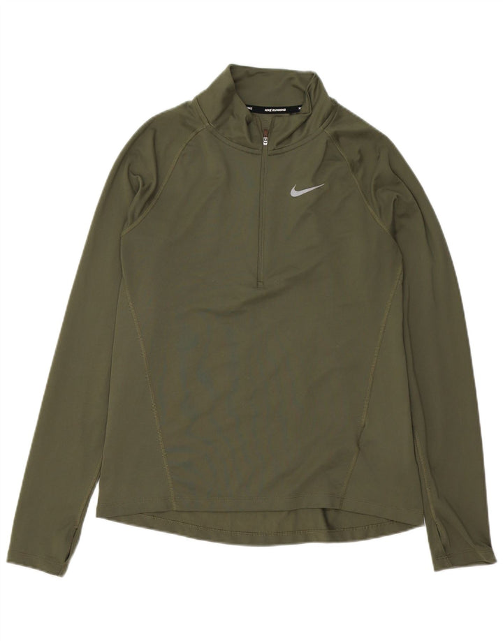 Top pentru alergare cu fermoar și gât pentru femei Nike cu mânecă lungă UK 14 Poliester kaki mediu
