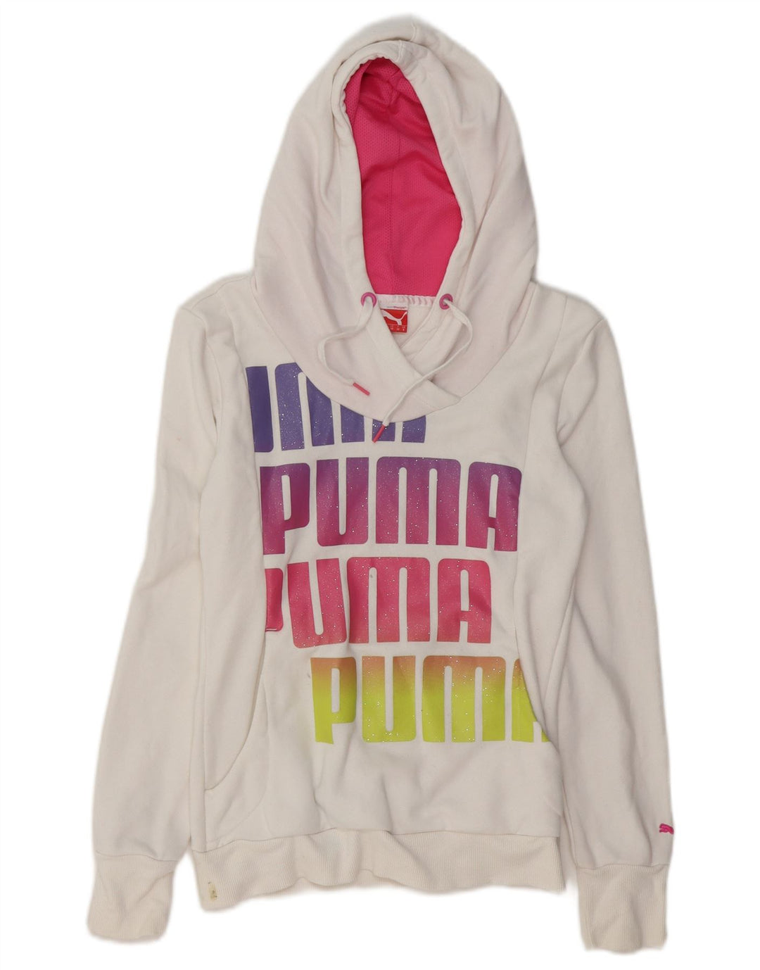 Pulover cu glugă cu grafic PUMA pentru femei UK 8 mic, alb, bumbac