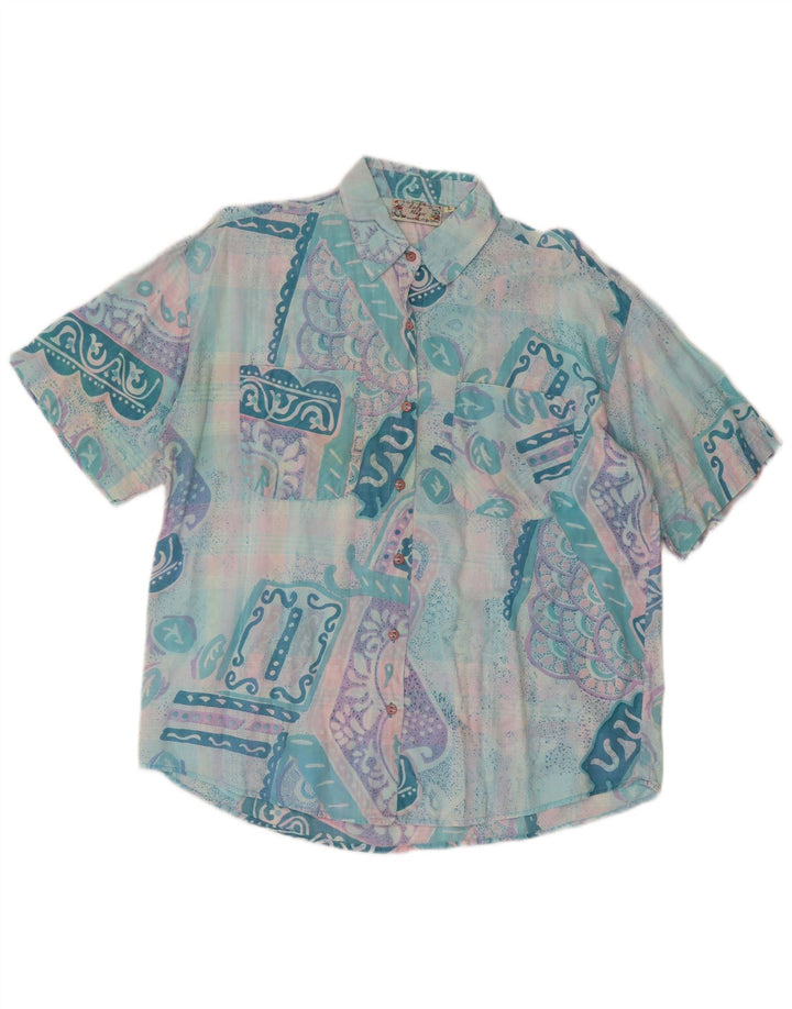 Cămașă vintage cu mânecă scurtă pentru femei UK 14 mare turcoaz mozaic retro