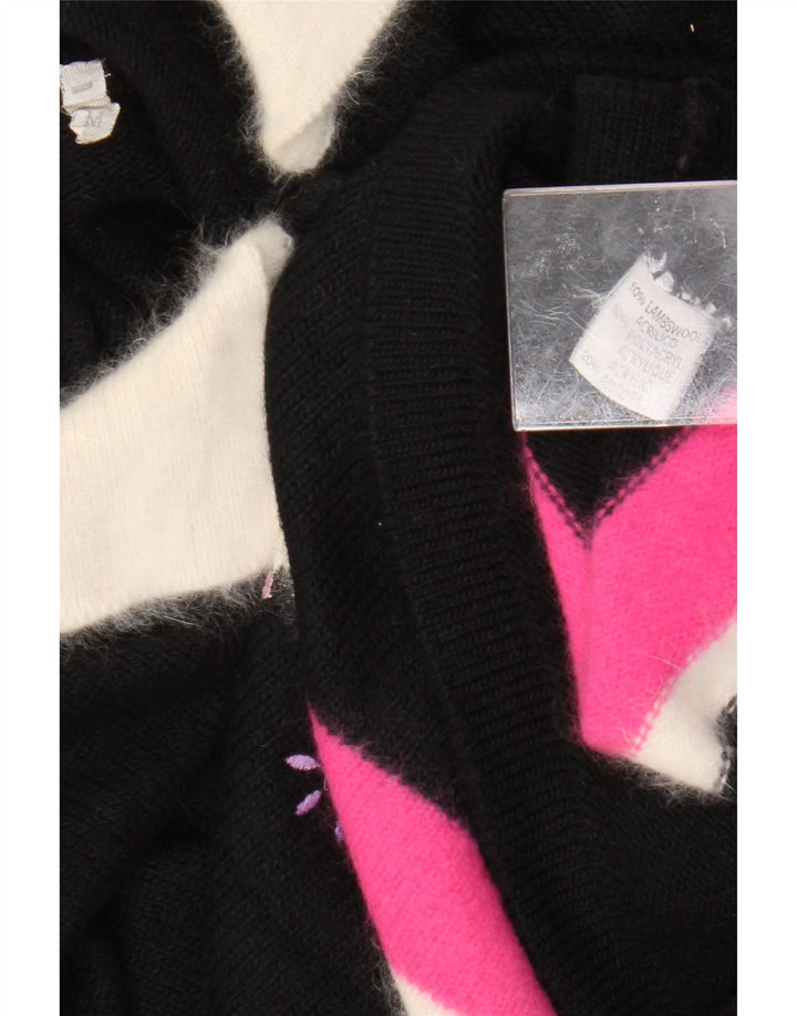 Pulover vintage cu gât polo pentru femei UK 14 Medium Black Colorblock