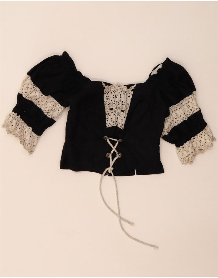 LANDHAUS Trachten Crop Corset Top pentru femei UK 8 Small Black Floral Linen