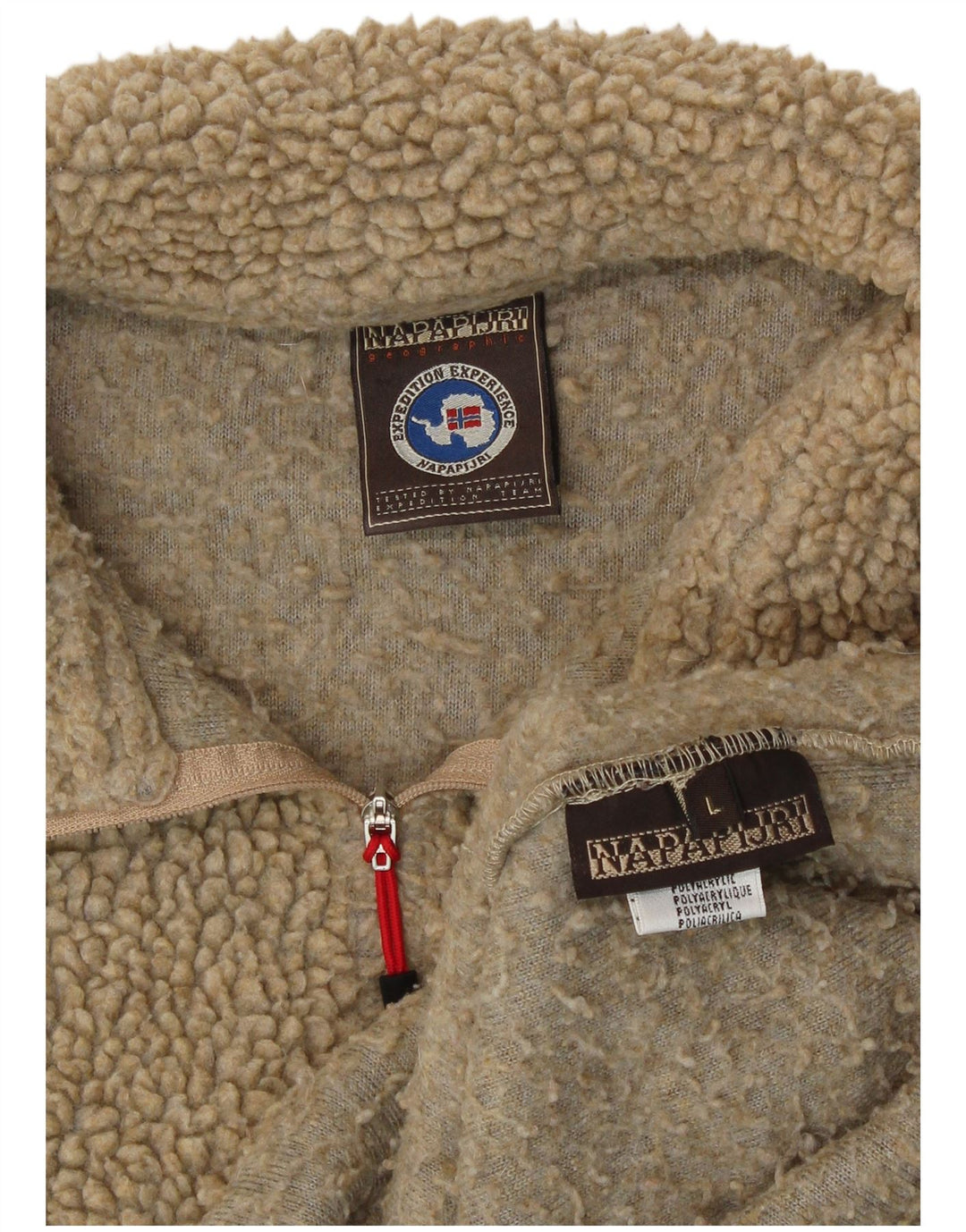 Pulover Napapijri pentru damă, cu grafic, cu fermoar și gât, din lână, mare, bej, poliacrilic