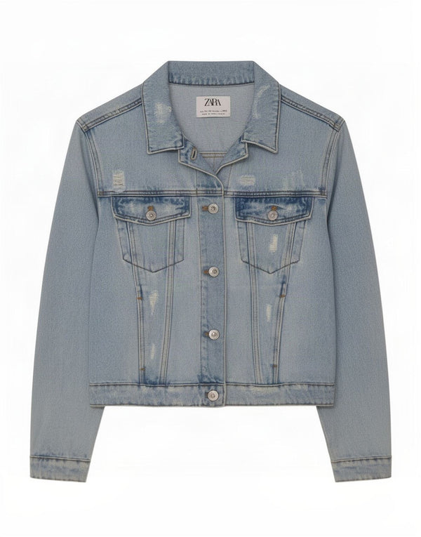 Jachetă Zara Fete Denim Distressed 11-12 Ani Bumbac Albastru