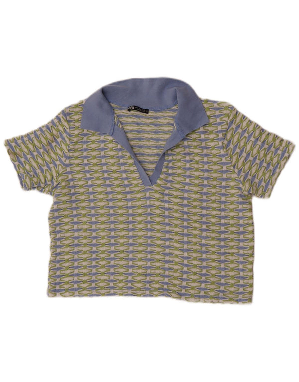 Zara Womens Crop Polo Shirt UK 10 Small Green Geometric Polyester