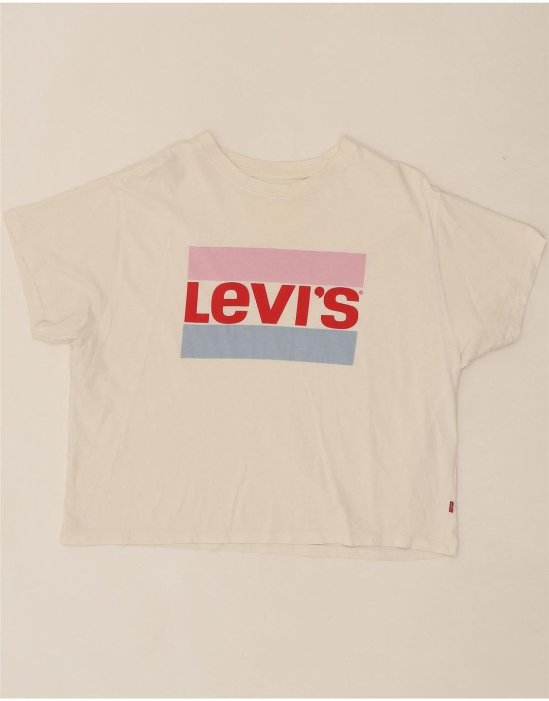 LEVI'S Womens Oversized Crop Graphic T-Shirt Top UK 14 Medium Off White Vintage Levi's and Second-Hand Levi's from Messina Hembry 