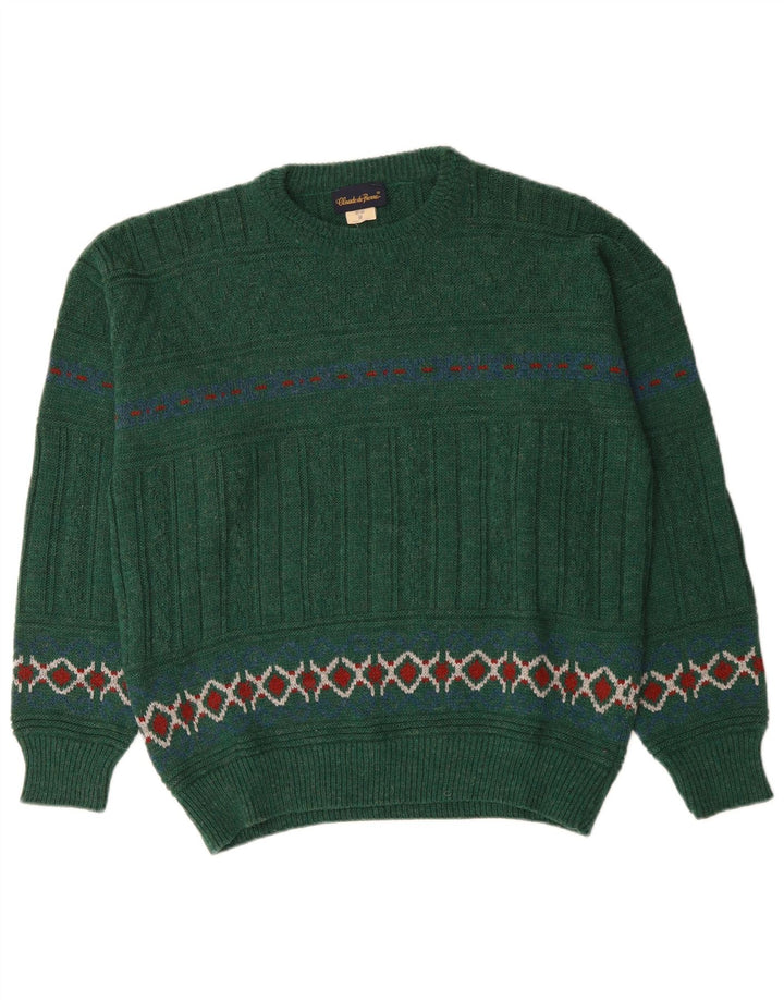 Pulover vintage pentru bărbați cu decolteu rotund, lână Fair Isle, verde mediu
