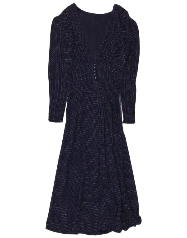 Vintage Womens Long Sleeve Maxi Dress UK 8 Small Navy Blue Spotted