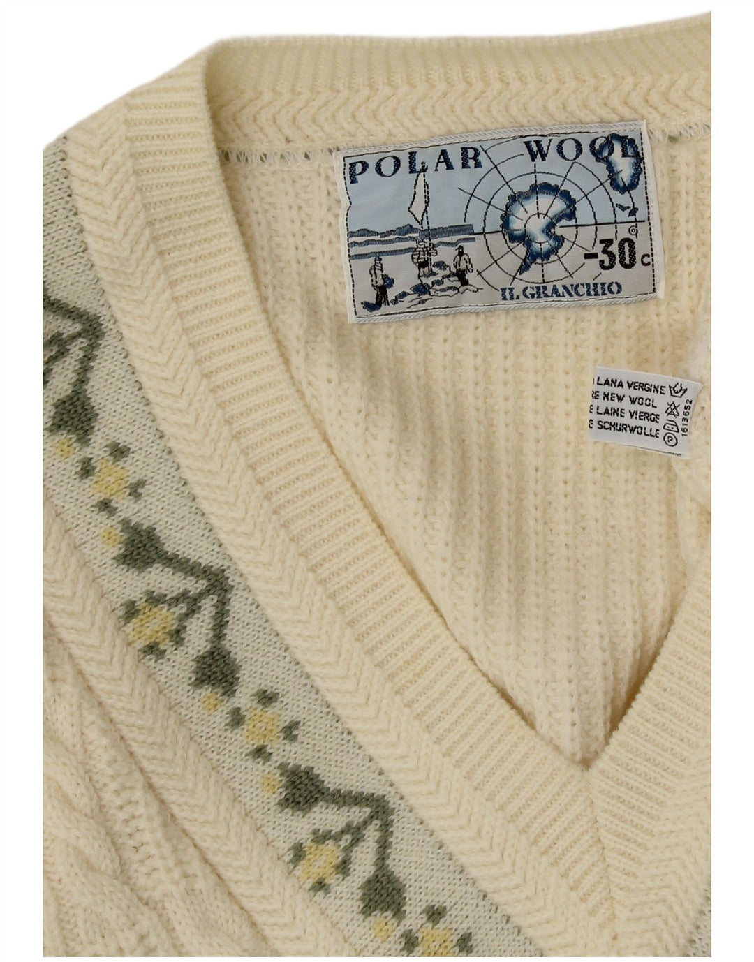 Pulover cu decolteu în V pentru bărbați Il Granchio, XL, din lână nouă, cu flori, alb