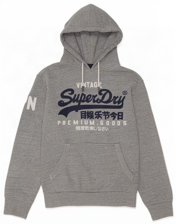 Pulover Superdry pentru bărbați cu capota cu grafică, mic, gri, bumbac
