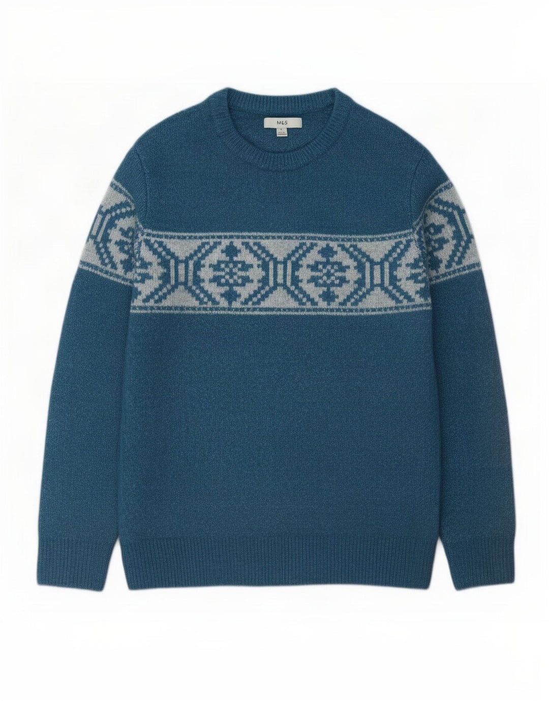 Pulover pentru bărbați Marks & Spencer, cu gât de barcă, albastru mediu, acrilic Fair Isle