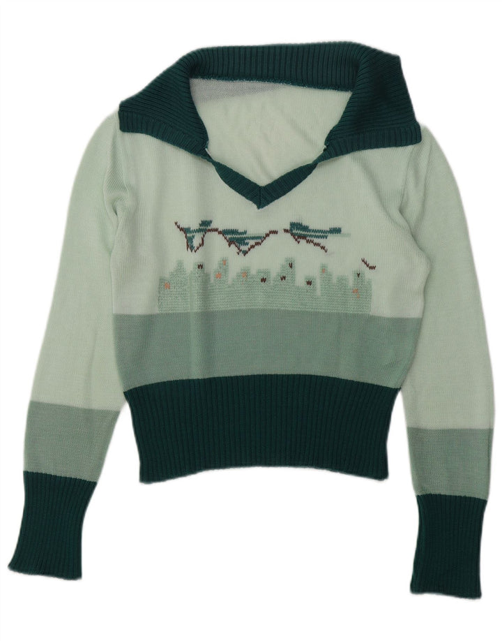 Pulover vintage pentru femei cu grafic polo cu gât, UK 14, verde mediu