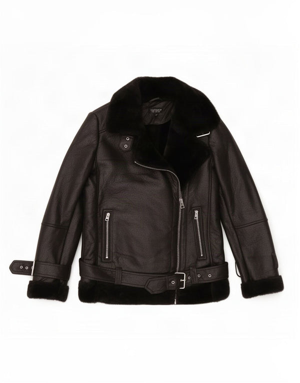 Topshop Jachetă de motociclist din piele sintetică Sherpa supradimensionată pentru femei UK 8 Small Black