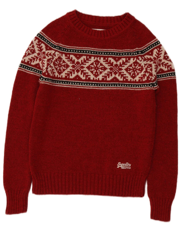 Superdry Womens Boat Neck Jumper Sweater UK 10 Small Red Fair Isle Acrylic