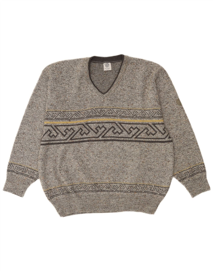 VINTAGE Pulover cu decolteu în V pentru bărbați IT 52 Lână geometrică mare gri