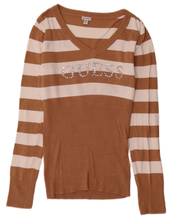 Guess Pulover cu decolteu în V cu grafic pentru femei UK 12 Medium Bej Rayon cu dungi
