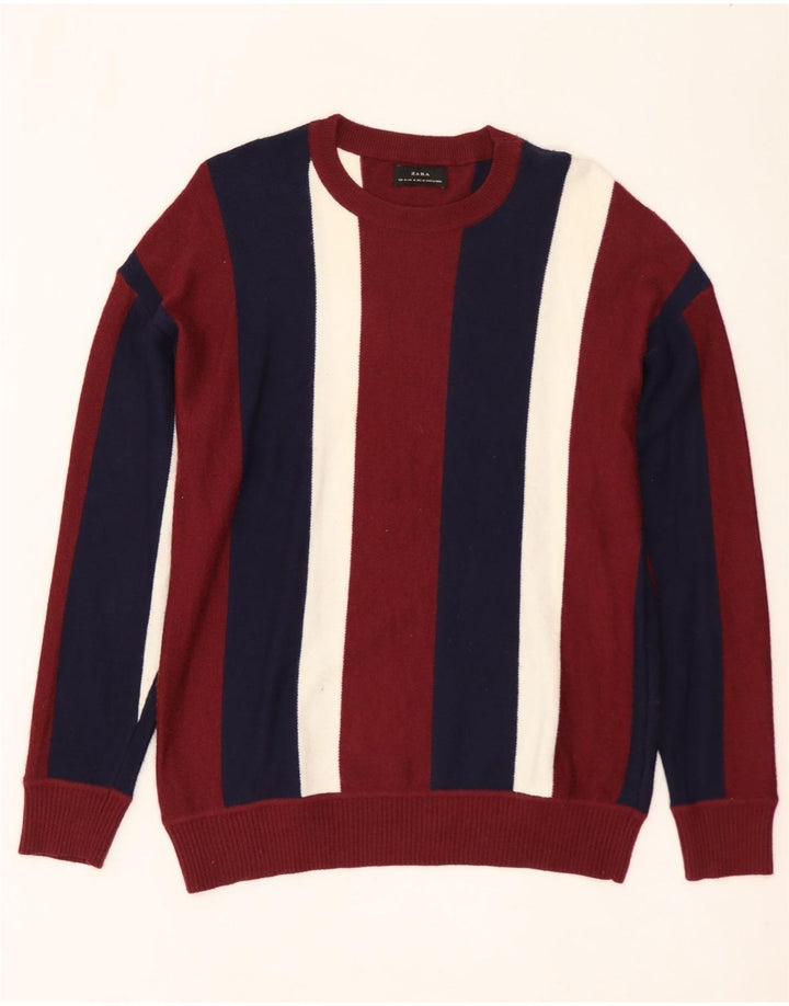 Pulover pentru bărbați ZARA cu decolteu rotund din nailon cu dungi Burgundy mediu