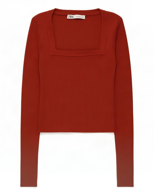Top Crop pentru Damă Zara cu mânecă lungă UK 8 Mic Viscoză Burgundy