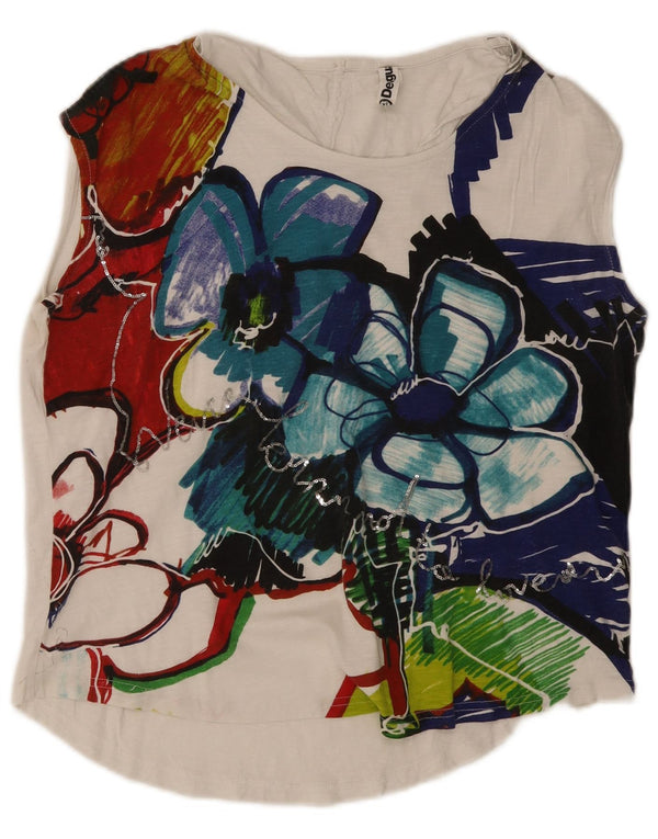 Desigual Womens Loose Fit Graphic Vest Top UK 18 XL Bumbac Floral Alb
