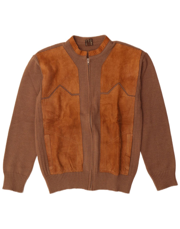 VINTAGE Pulover cardigan din piele intoarsa pentru barbati IT 52 Lână mare, maro, bloc de culoare