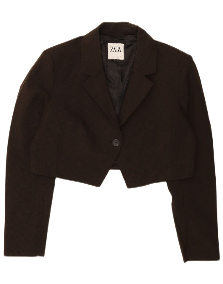 Jachetă pentru femei Zara Crop 1 Button Blazer UK 16 Mare Poliester cu carouri maro