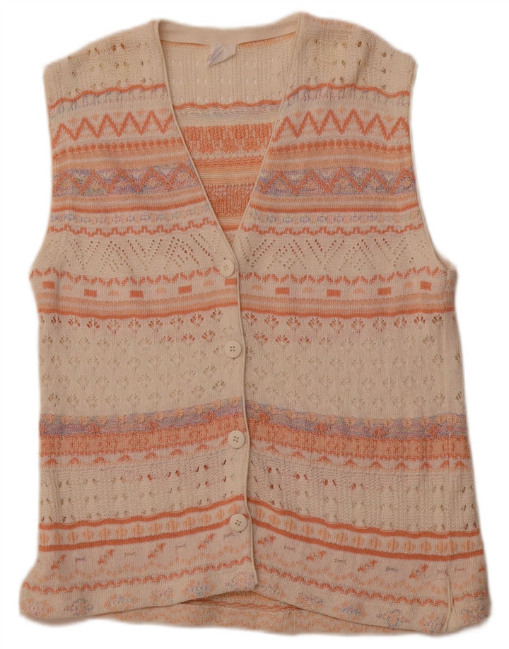 VINTAGE Pulover cardigan fără mâneci pentru femei UK 14 Medium White Geometric