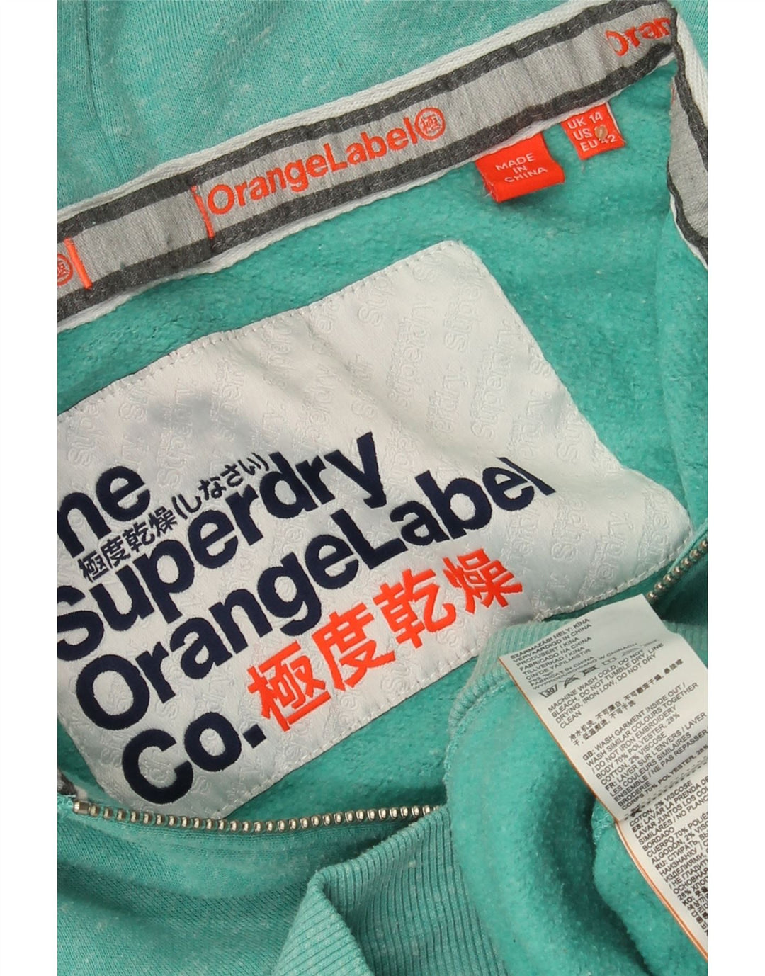 SUPERDRY Pulover cu capota cu fermoar pentru femei UK 14 Poliester mare turcoaz cu pete
