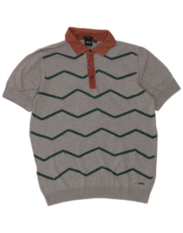 Pulover Hugo Boss pentru bărbați, cu mânecă scurtă, cu gât polo, chevron mediu gri