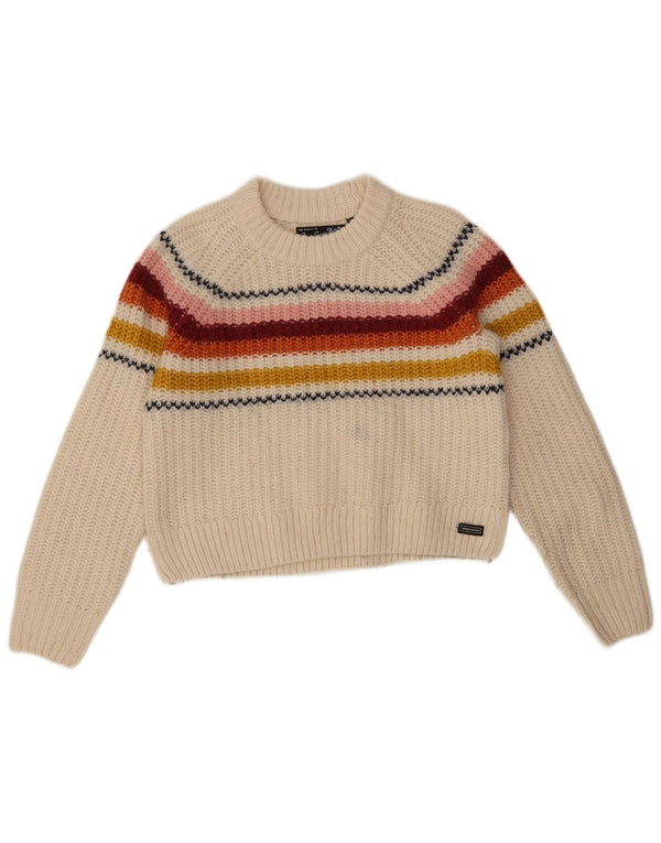 Superdry Womens Crop Crew Neck Jumper Sweater UK 8 Small White Striped