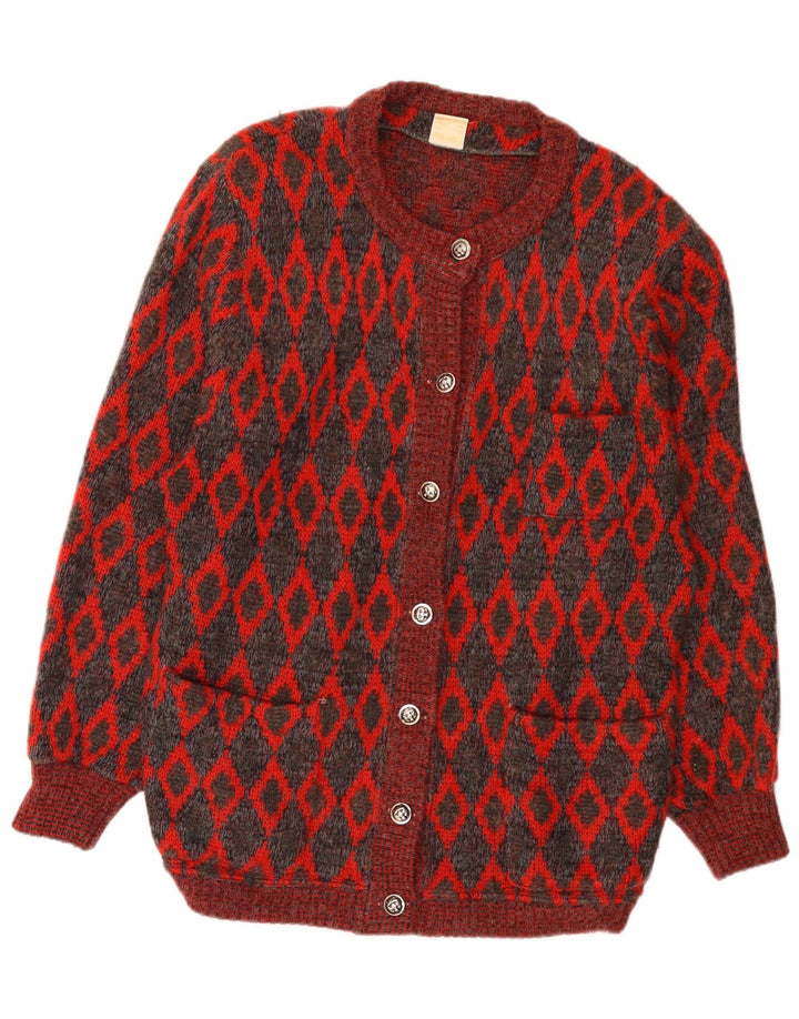 Pulover cardigan supradimensionat pentru femei VINTAGE UK 16 Lână geometrică roșie mare
