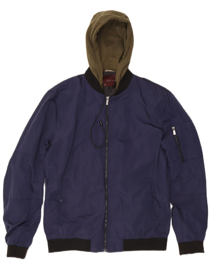 Bomber pentru bărbați Zara, cu glugă, UK 40, mare, bleumarin, poliester color bloc