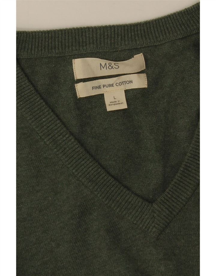 MARKS & SPENCER Pulover cu decolteu în V pentru bărbați, bumbac verde mare