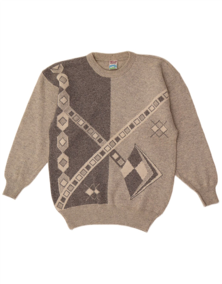 Pulover pentru bărbați Shetland Jeneros cu decolteu rotund, gri mediu geometric