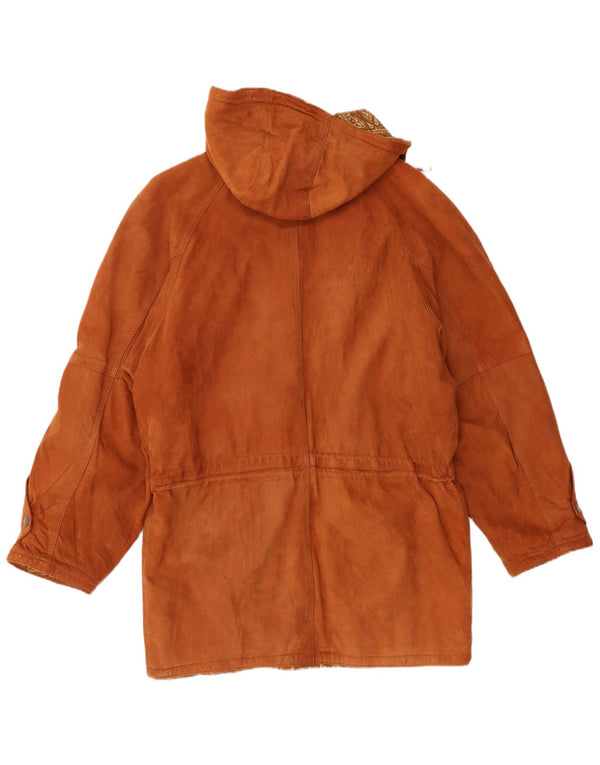 Jachetă parka din piele intoarsa cu gluga vintage pentru barbati IT 50 din piele maro mare