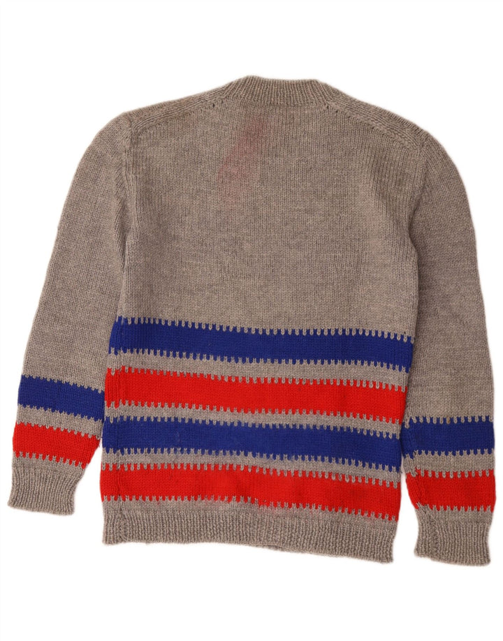 Pulover vintage pentru femei cu gât roșu, cu dungi, gri mediu, UK 14