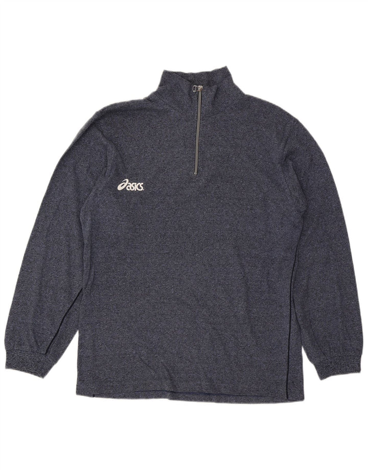 Pulover Asics pentru bărbați, cu grafică, cu fermoar, cu gât, mare, albastru marin, pete