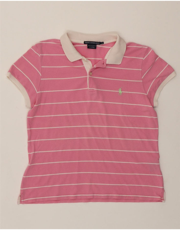 Tricou polo RALPH LAUREN pentru femei UK 14 mare bumbac cu dungi roz