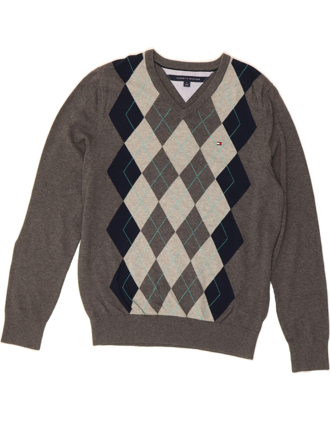 TOMMY HILFIGER Mens V-Neck Jumper Sweater Medium Grey Argyle/Diamond Vintage Tommy Hilfiger and Second-Hand Tommy Hilfiger from Messina Hembry 