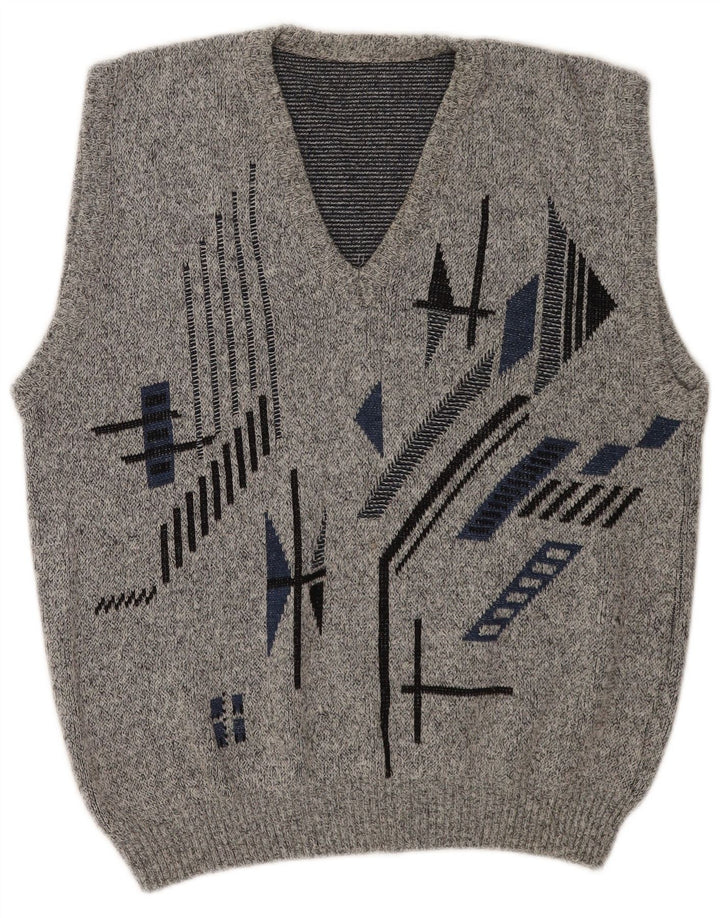 Vintage Mens Vest Tank Top EU 50 Medium Gri Geometric Poliacrilic