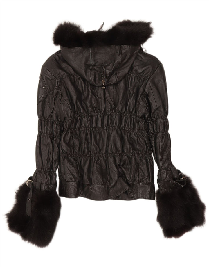 Jachetă de piele pentru femei cu glugă Kor@Kor UK 12 Medium Black