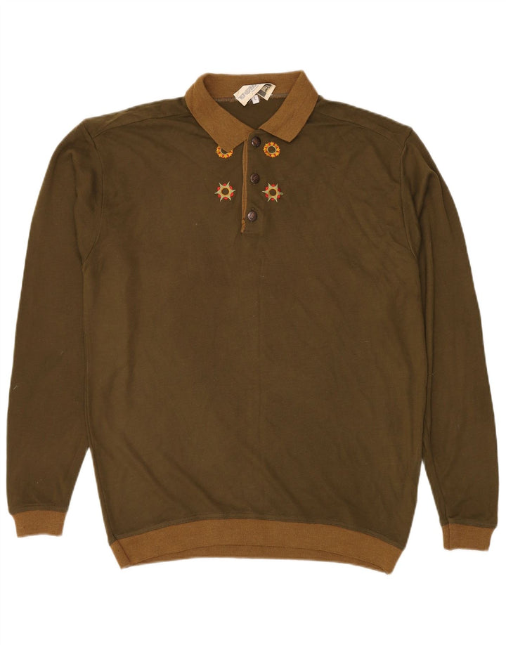 VINTAGE Pulover cu gât polo pentru bărbați, mare, acrilic, kaki