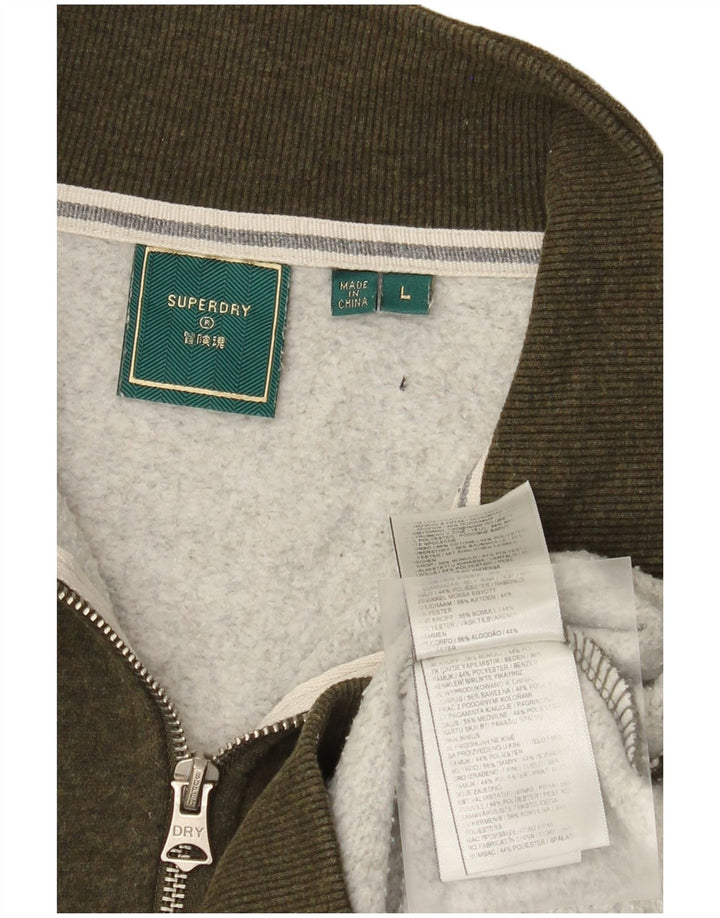 Pulover Superdry pentru bărbați, cu fermoar, cu gât, bumbac mare, kaki