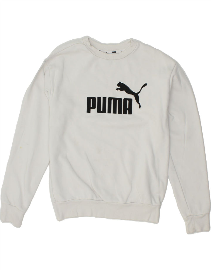 PUMA Womens Oversized Graphic Sweatshirt Jumper UK 2 2XS White Cotton Vintage Puma and Second-Hand Puma from Messina Hembry 
